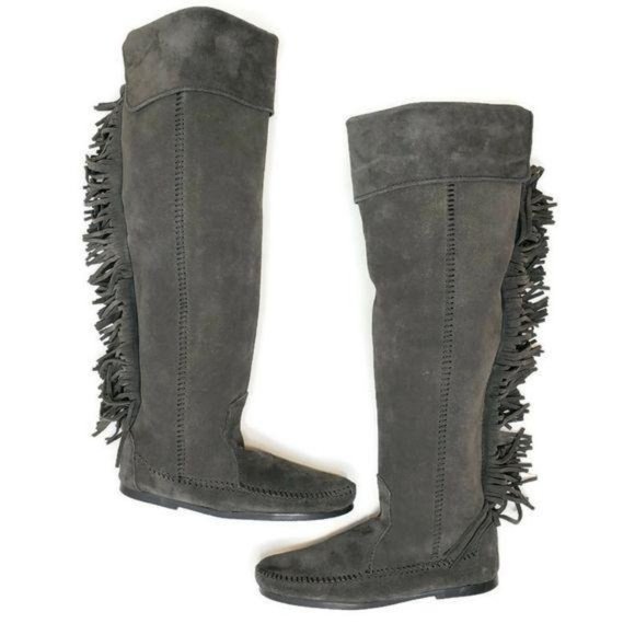 Minnitonka NWT over the knee fringe leather boots charcoal gray sz 5 small feet - Picture 11 of 13